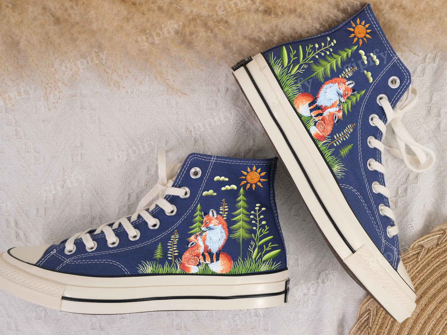 Embroidered Converse/Converse Mushroom/Custom Converse Pet/Embroidered Converse High Tops Fox Mushroom And Sweet Sunflower Garden