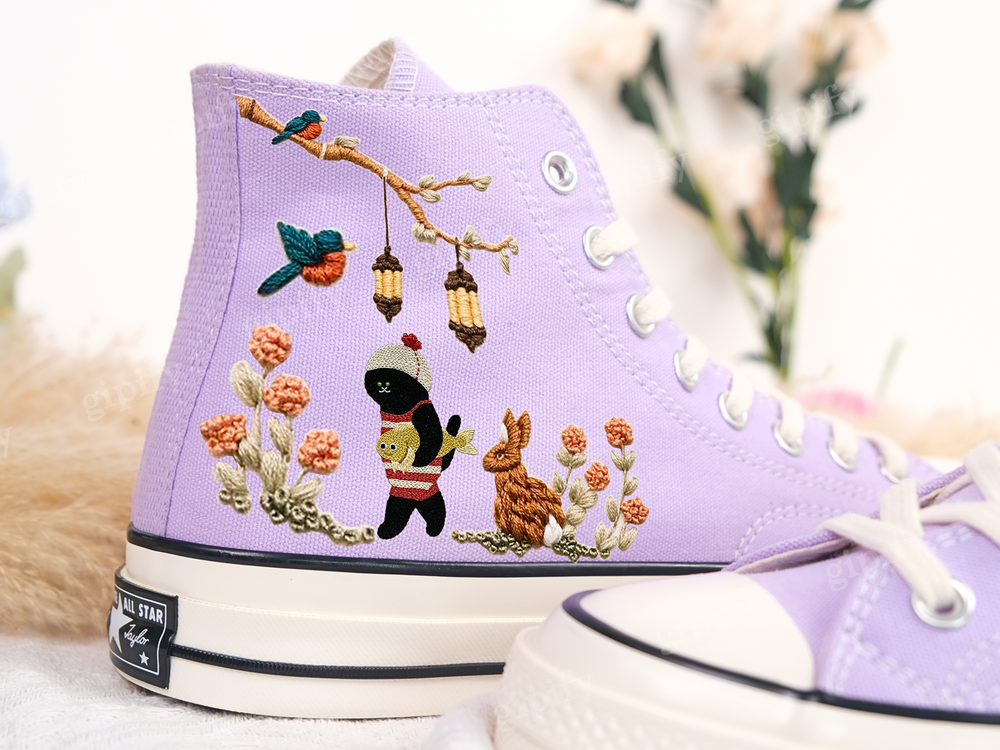 Embroidered Converse/Flower Converse/Custom Converse Pet/Embroidered Converse High Tops Butterfly Cat And Sweet Sunflower Garden