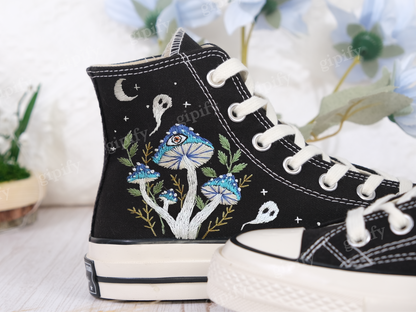 Custom Shoes Embroidered Ghosts and Mushrooms Sneakers/Custom Converse Chuck Taylor Embroidered Mushrooms/Mushrooms Embroidered Sneakers