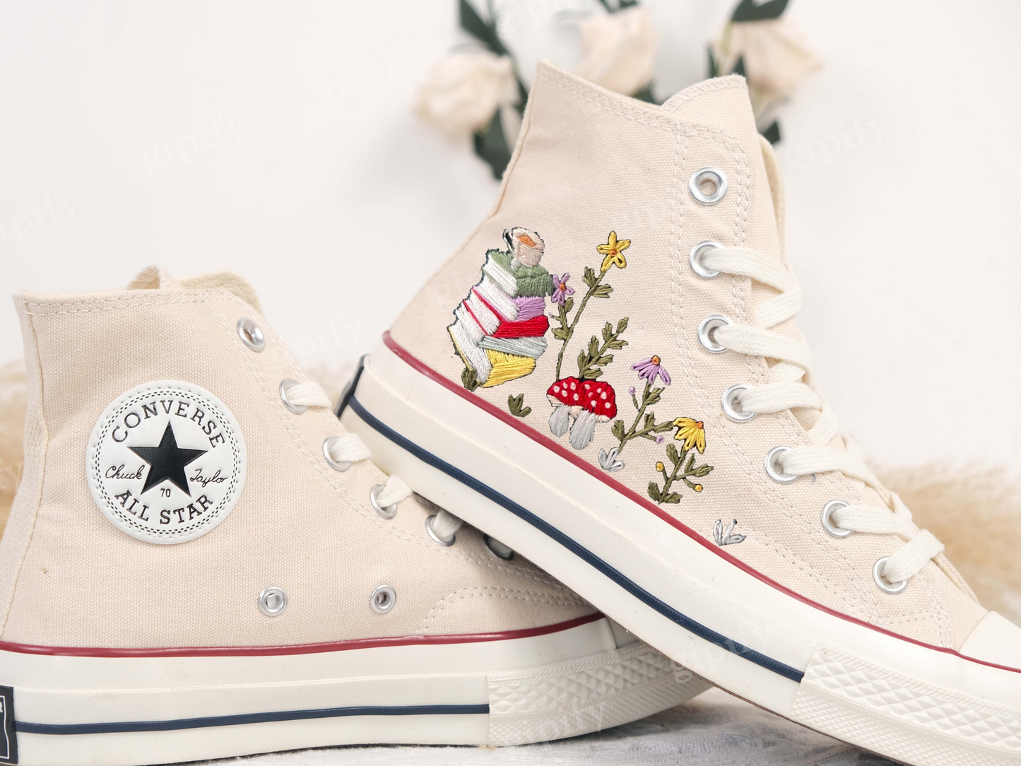 Embroidered Converse/Mushroom Converse/Embroidered Sneakers Mushroom Flower Forest And Stack Of Books/Converse High Tops Chuck Taylor 1970s