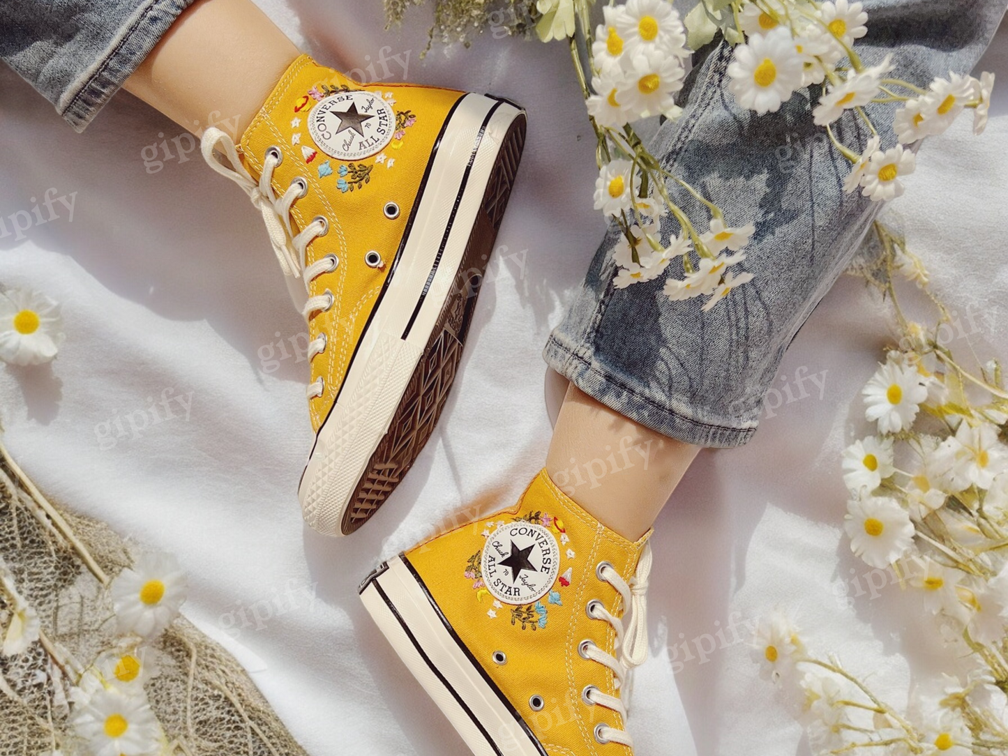 Embroidered Converse High Tops, Custom Converse High Top Embroidered ,  Converse Embroidered With Flower Garden, Handmade Gift