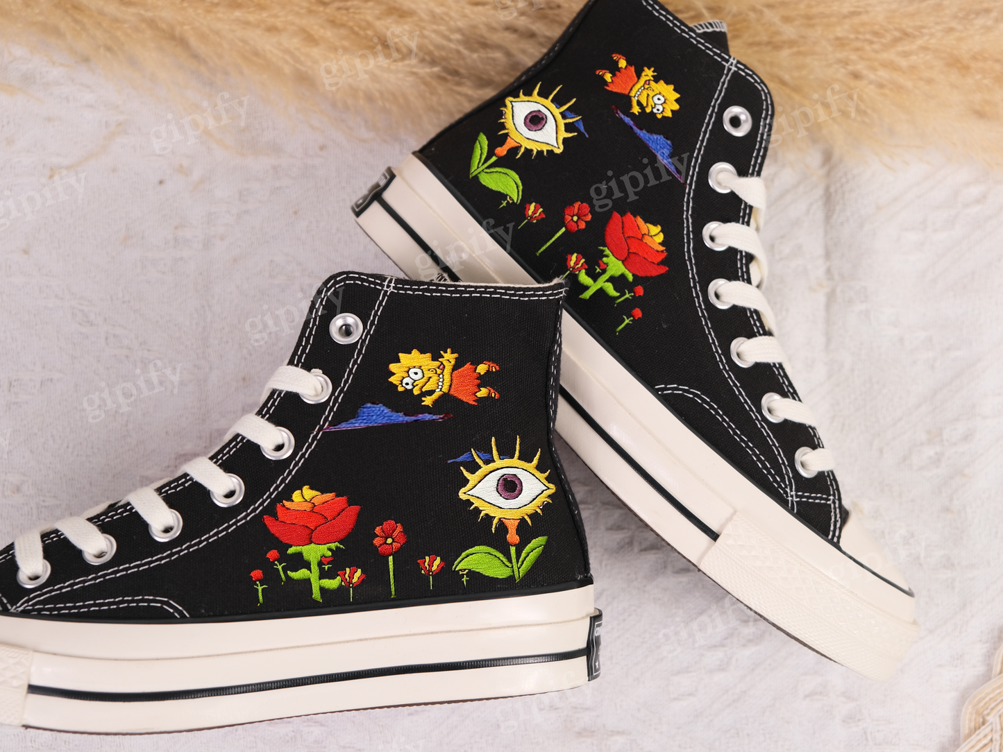 Converse Embroidered Custom Cartoon, Simpson Embroidered Converse, Flower Converse, Embroidery Converse Lisa and Simpson