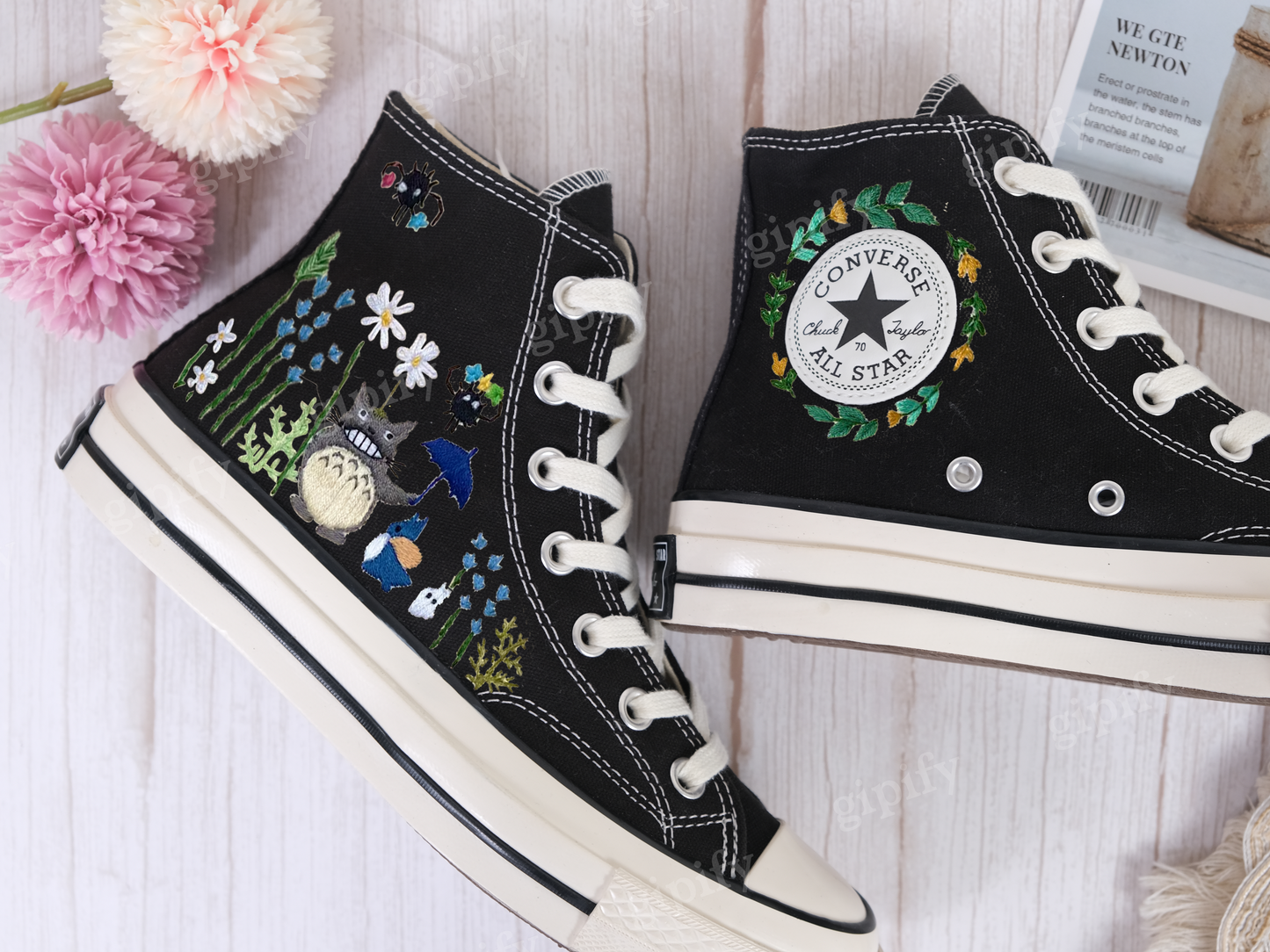 Converse Embroidered Custom Cartoon/Neighbor Totoro Embroidered Converse/Flower Converse, Embroidery Converse Chibi and Gibi