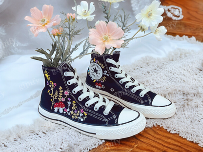 Custom Embroidery, Embroidered Converse High Tops , Mushroom and Flower Garden Embroidered Shoes Custom, Valentine Day Gifts