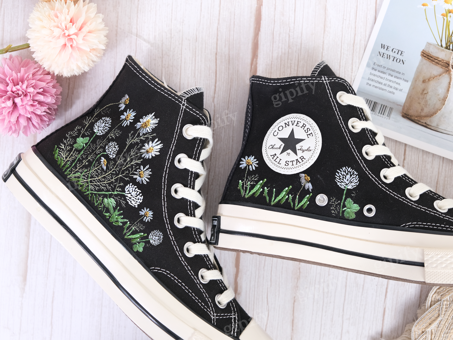 Custom embroidery converse sneakers, Flower Converse, Converse Custom Colorful Daisy Garden, Embroidered Sneakers