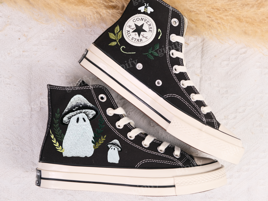 Custom Shoes Embroidered ghosts and mushrooms Sneakers/ Wedding Sneaker for Bride, Personalized Bridal Sneaker