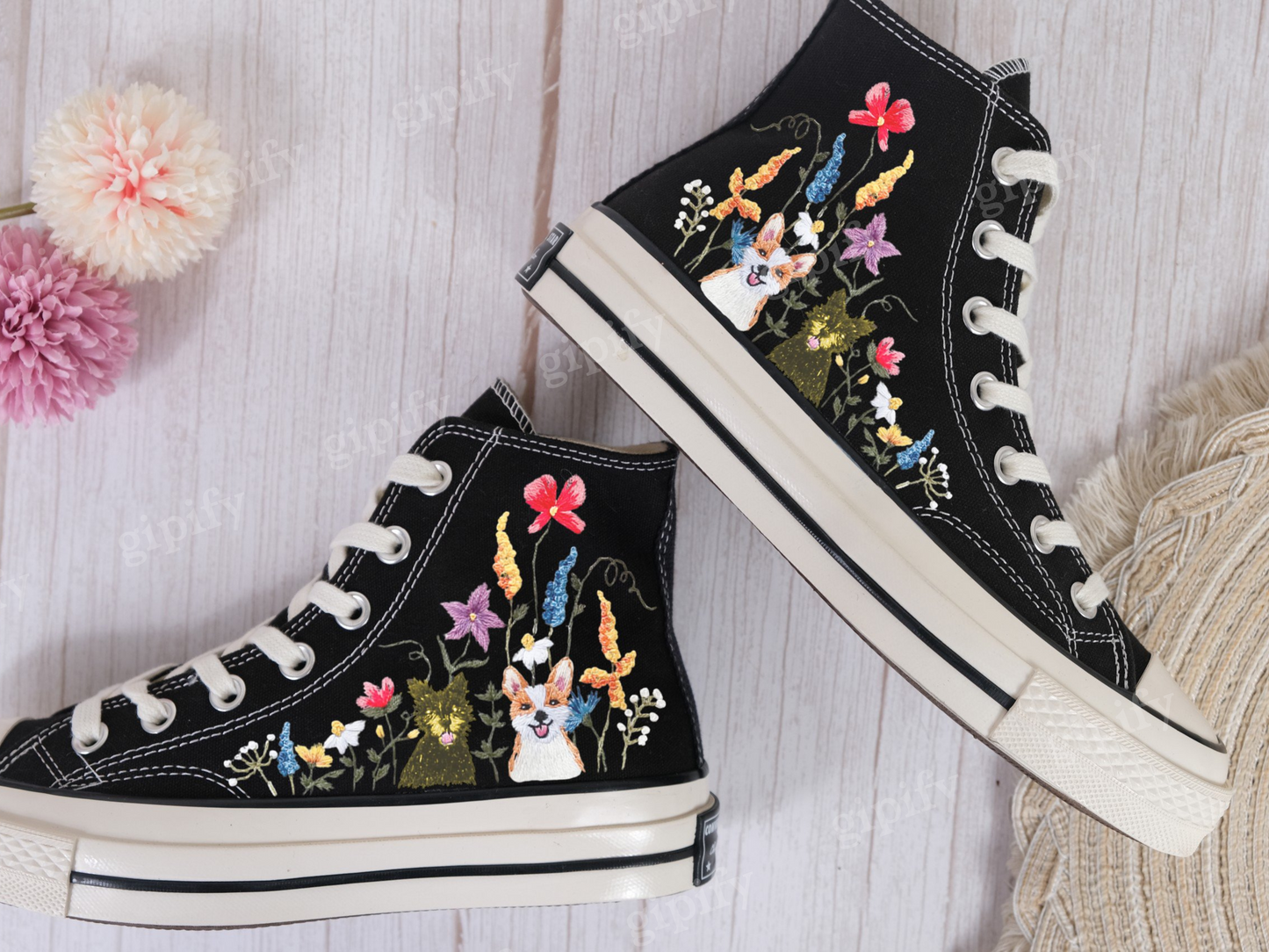 Custom Embroidered Converse Platform/Cat + Dog Embroidered Sneaker/Pet Embroidered Shoes/Shoes Embroidery Floral/Birthday Gifts for Her