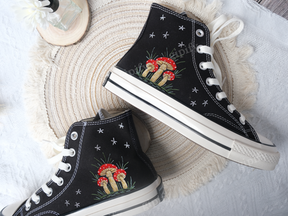 Midnight Mushroom Converse Custom | Mushroom and Floral Embroidery Converse | Embroidered Converse 1970s | Floral Custom converse high tops