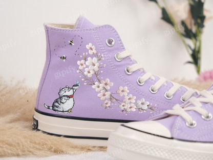 Embroidered Converse/Flower Converse/Custom Converse Pet/Embroidered Converse High Tops Butterfly Cat And Sweet Sunflower Garden