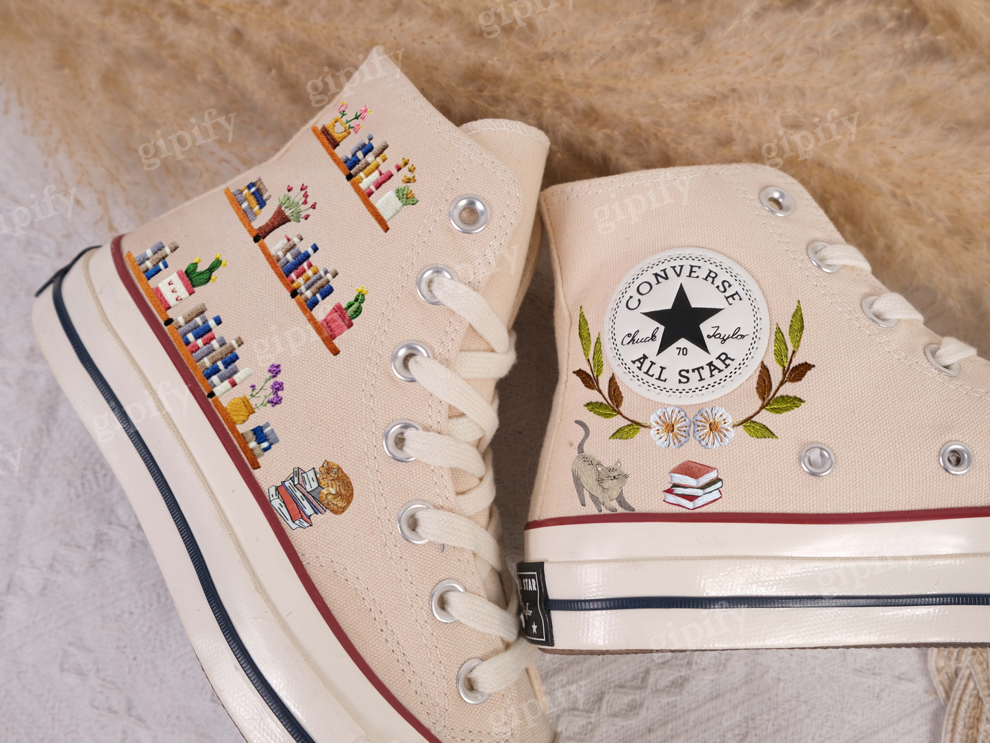 High-top Converse shoes with custom embroidered bookshelf/Embroidered Converse/Wedding Converse shoes/Embroidered pet cat and bookshelf