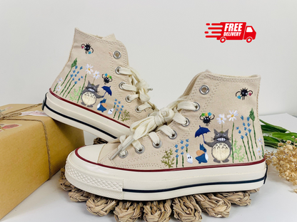 Converse Embroidered Custom Cartoon, Neighbor Totoro Embroidered Converse, Flower Converse, Embroidery Converse Chibi and Gibi