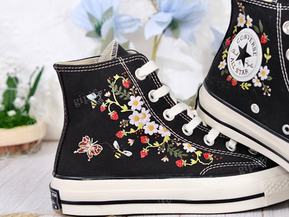 Strawberry Converse Shoes/1970s Converse High Top Chuck Taylor Shoes Embroidered with Red Strawberry Garden and Sweet White Flowers