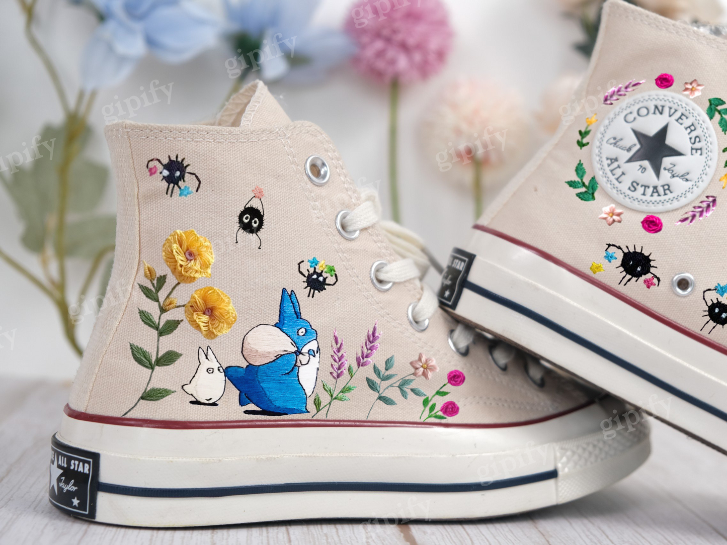 Neighbor Totoro Embroidered Converse/Converse Flower Embroidery/Custom Embroidery Converse High Tops/Embroidered Converse Chu and Chibi