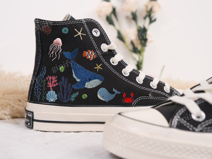 Custom Embroidered Converse High Tops/ Custom Converse Chuck Taylor 1970s Blue Whale Embroidered Shoes/ Ocean Vibes Embroidered