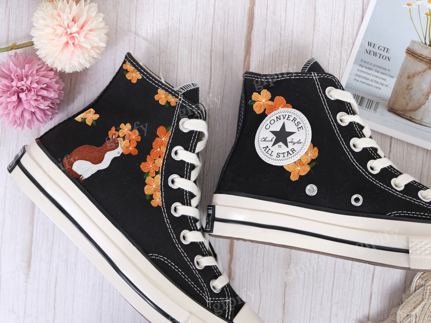 Custom Embroidered Converse Chuck Taylor All Star Shoes/Cat and Flower/1989 Embroidered Sneaker/Flower Embroidery Shoes/Handmade Gifts