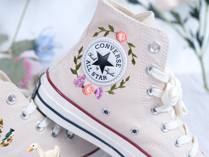 Custom Converse Wedding Sneakers/ duck + Flowers Embroidered Shoes/ Bridal Flowers + Pet Embroidered Sneakers/ Personalized Bride Shoes