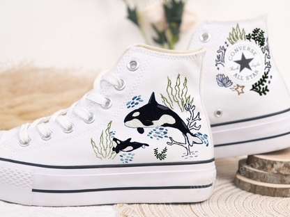 Custom Embroidered Converse High Tops/ Custom Converse Chuck Taylor 1970s Shark Embroidered/ Ocean Vibes Embroidered