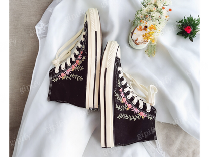 Custom Embroidered Converse Sneakers, Wedding Flowers Embroidered Converse Custom, Flower Embroidered Shoes for Women, Wedding Gift