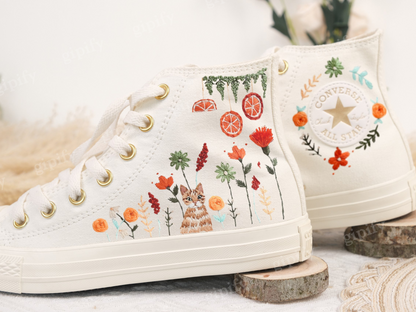 Custom Embroidered Converse Chuck Taylor All Star Shoes/Cat and Flower/1989 Embroidered Sneaker/Flower Embroidery Shoes/Handmade Gifts