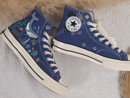 Custom Embroidered Converse High Tops/ Custom Converse Chuck Taylor 1970s Blue Whale Embroidered Shoes/ Ocean Vibes Embroidered