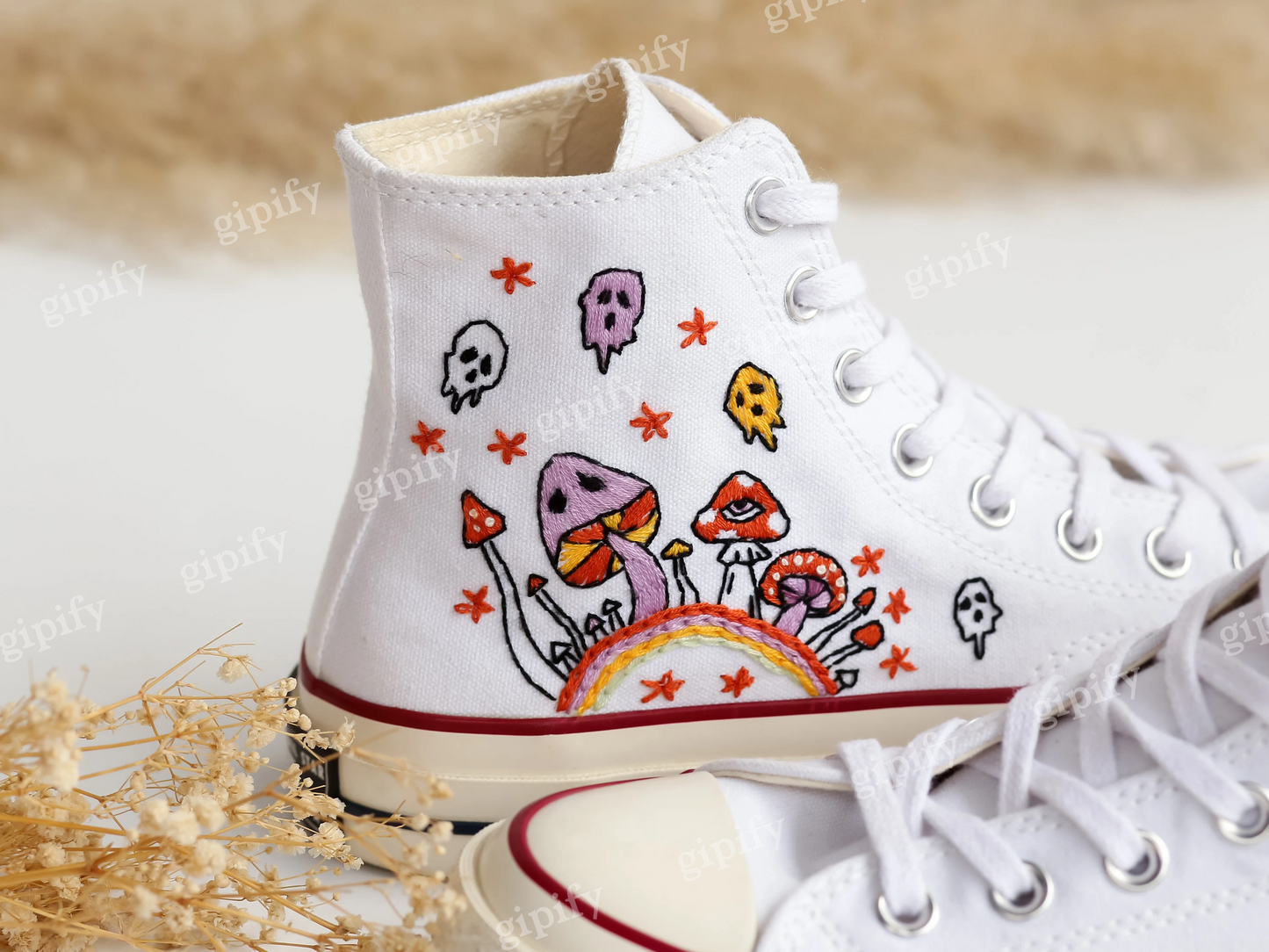 Custom Converse Embroidered, Mushrooms and Ghost Embroidered Shoes, Sugar Skull Embroidered Sneaker, Embroidered Wedding Reception Shoes