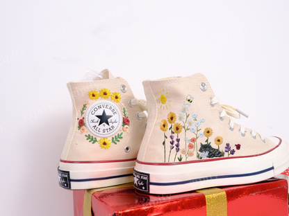 Embroidered Converse/Flower Converse/Custom Converse Pet/Embroidered Converse High Tops Butterfly Cat And Sweet Sunflower Garden