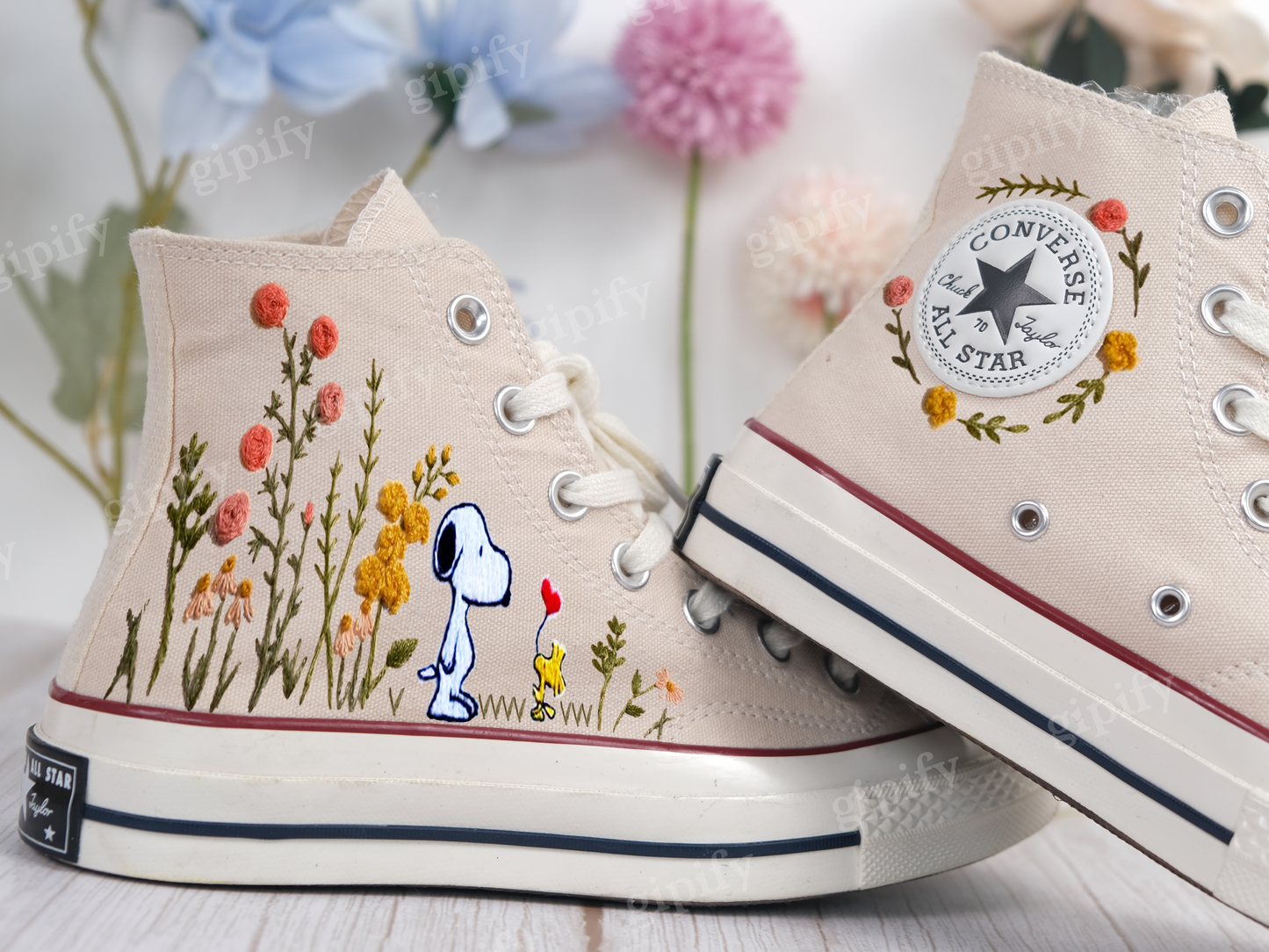 Embroidery Peanuts Dog Converse, Embroidered Converse Flower Shoes, Handmade Embroidery Flowers Shoes, Vintage Retro Christmas Gift