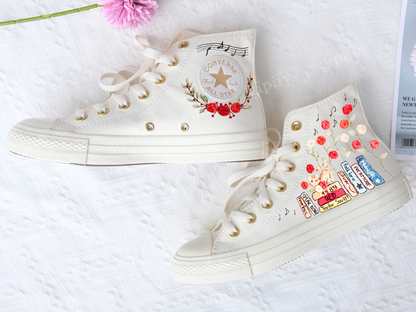 Custom Embroidered Converse Chuck Taylor All Star Shoes, Cat and Flower, 1989 Embroidered Sneaker, Flower Embroidery Shoes, Handmade Gifts