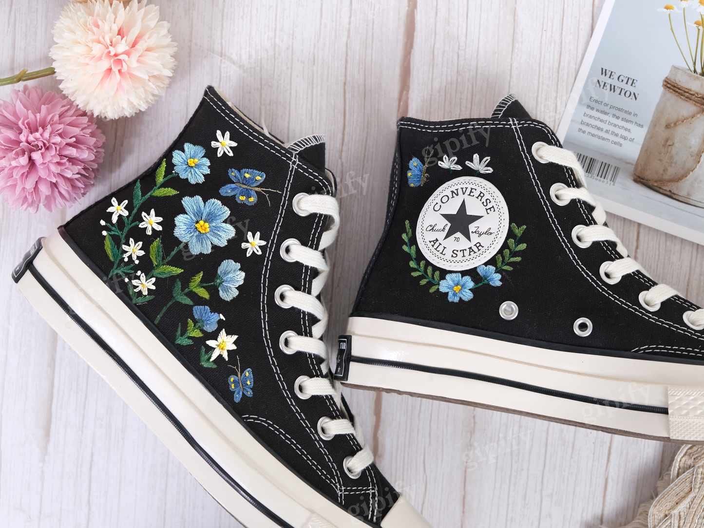 Embroidered Converse/Custom Converse High Top Chuck Taylor 1970s/Converse Embroidered With Blue And White Daisies And Monarch Butterflies