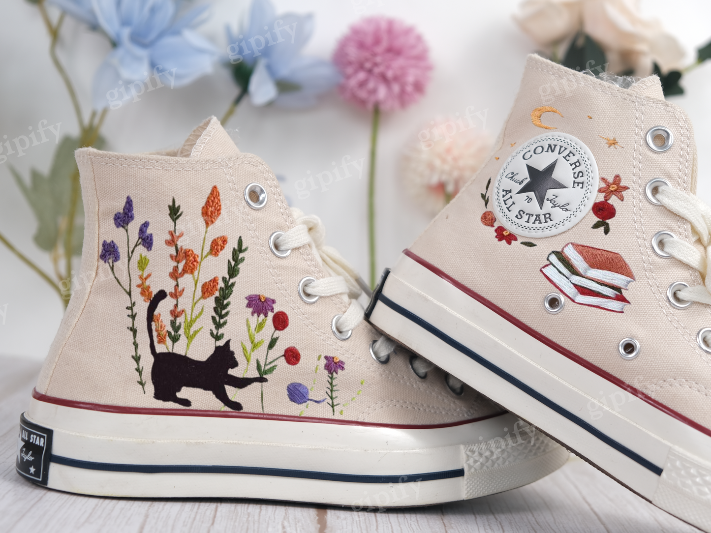 Custom Embroidered Converse Chuck Taylor All Star Shoes/Cat and Flower/1989 Embroidered Sneaker/Flower Embroidery Shoes/Handmade Gifts