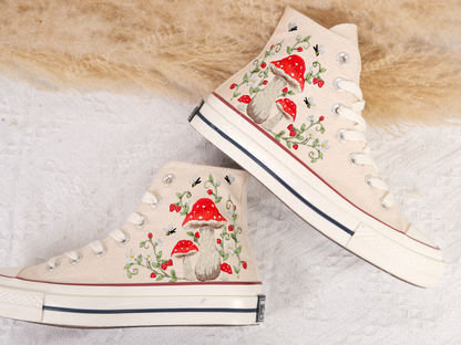 Customized Converse Embroidered Shoes/Mushrooms Embroidered Sneakers Women/Gardens Mushrooms/Strawberry Embroidered Converse Chuck Taylor