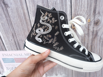 Custom Embroidered Converse High Tops Chuck Taylor 1970s/ Embroidered Snake Converse/ Custom Converse Chuck Taylor Embroidered Snake