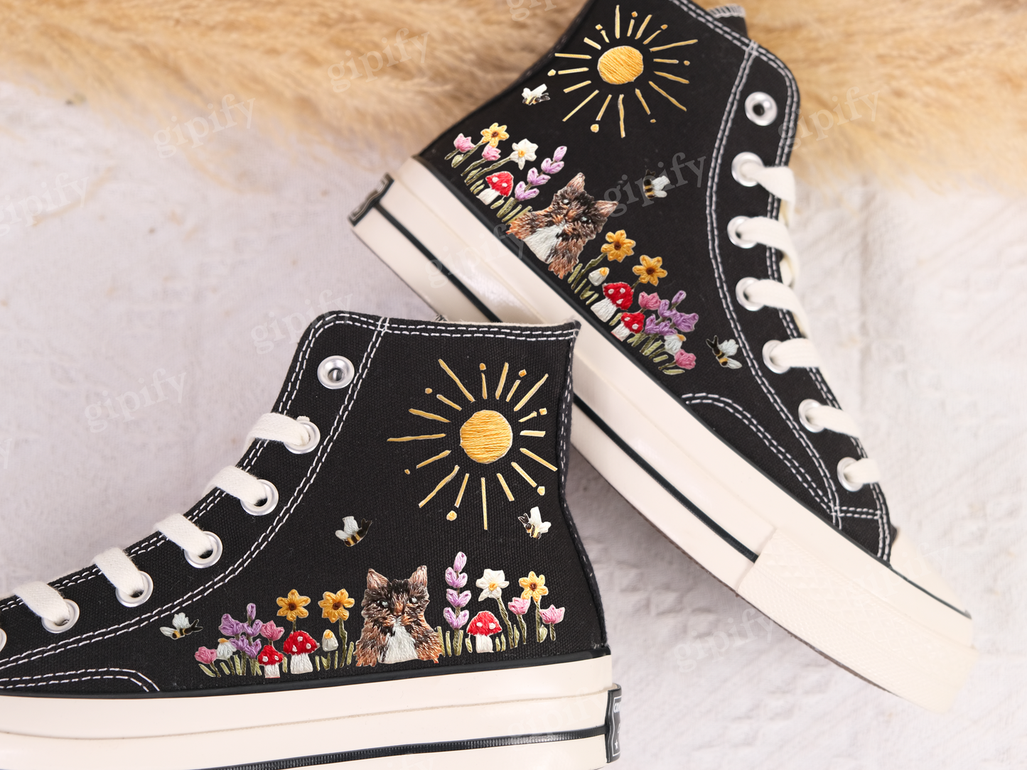 Custom Converse High Tops/Floral Converse/Embroidered Converse Colorful Sunflower And Wildflower Garden/Sunflower Birthday/White Converse