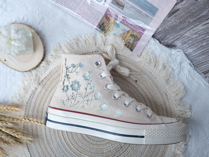 Custom Converse Platform, Wedding Blue Flowers Embroidered Shoes for Bride, Blue Wildflowers Embroidered Shoes Platform, Bridal Sneaker