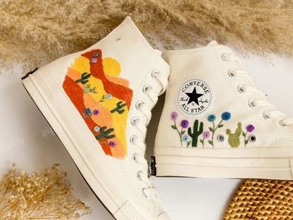 Custom Wedding Sneakers, Desert Wedding Embroidered Converse, Warm Earth Tones Embroidered Shoes, Cactus Embroidered, Wedding Arizona Gifts