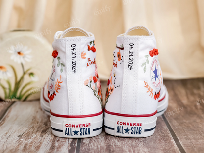 Custom Design Bridal Sneakers, Wedding Flower Garden Embroidered Converse, Wildflowers and bee Embroidered Shoes, Converse Custom Name