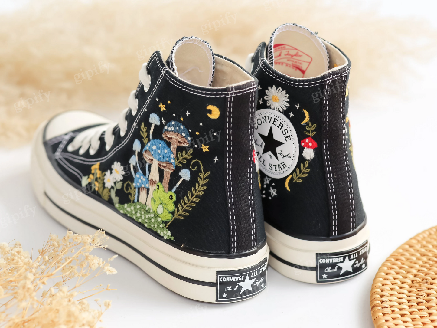 Embroidered Converse Mushroom and Frog, Converse High Tops Chuck Taylor Embroidered Frog & Mushroom, Mushrooms Embroidered Converse Custom