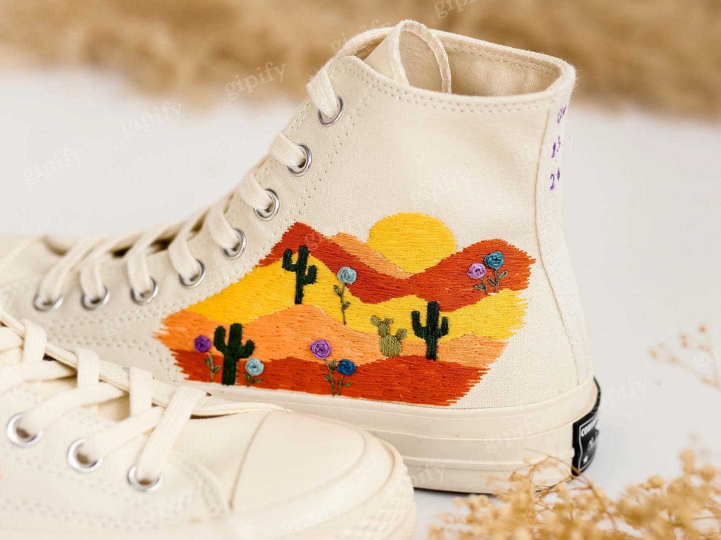 Custom Wedding Sneakers, Desert Wedding Embroidered Converse, Warm Earth Tones Embroidered Shoes, Cactus Embroidered, Wedding Arizona Gifts