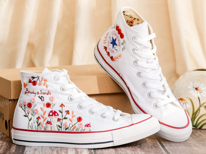 Custom Design Bridal Sneakers, Wedding Flower Garden Embroidered Converse, Wildflowers and bee Embroidered Shoes, Converse Custom Name