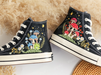 Embroidered Converse Mushroom and Frog, Converse High Tops Chuck Taylor Embroidered Frog & Mushroom, Mushrooms Embroidered Converse Custom