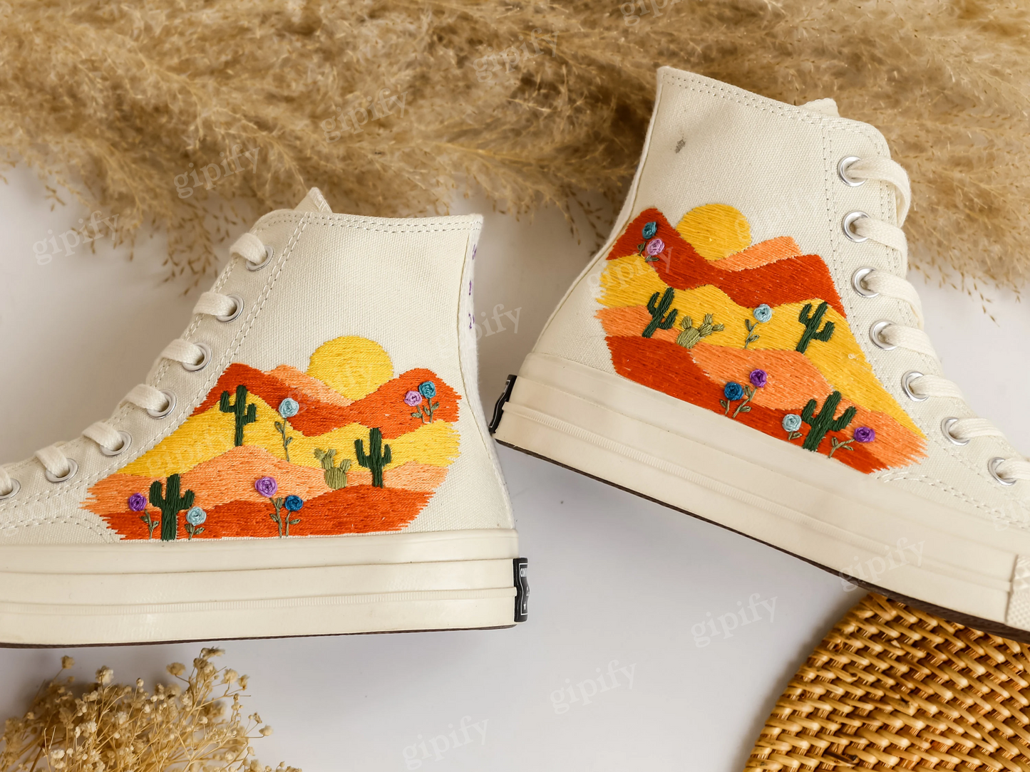 Custom Wedding Sneakers, Desert Wedding Embroidered Converse, Warm Earth Tones Embroidered Shoes, Cactus Embroidered, Wedding Arizona Gifts