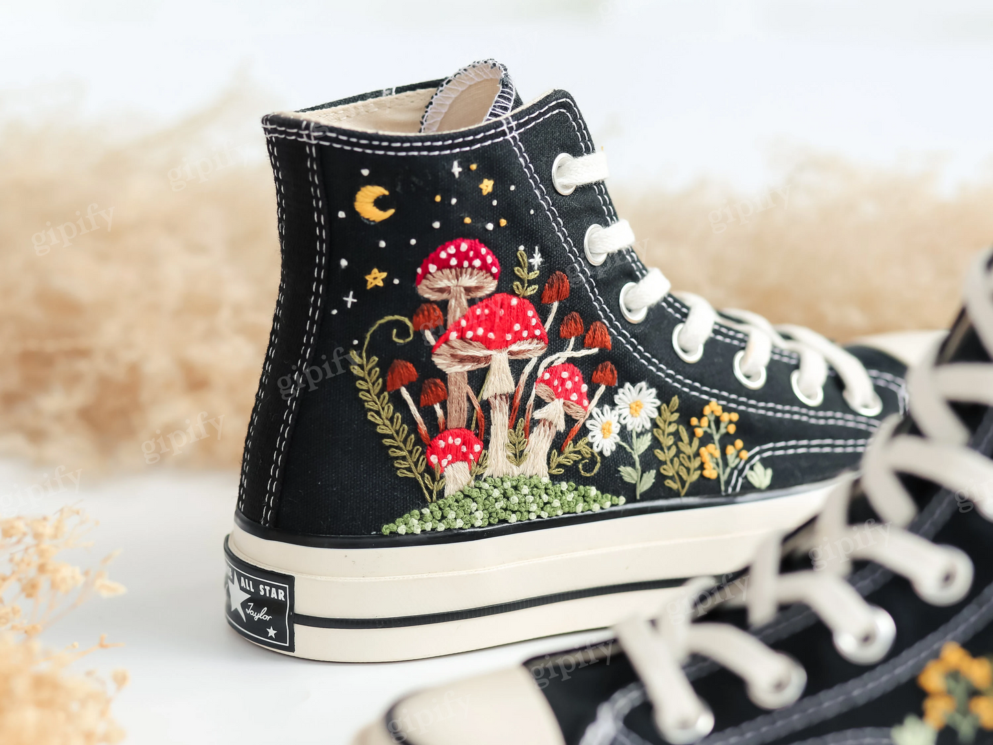 Embroidered Converse Mushroom and Frog, Converse High Tops Chuck Taylor Embroidered Frog & Mushroom, Mushrooms Embroidered Converse Custom