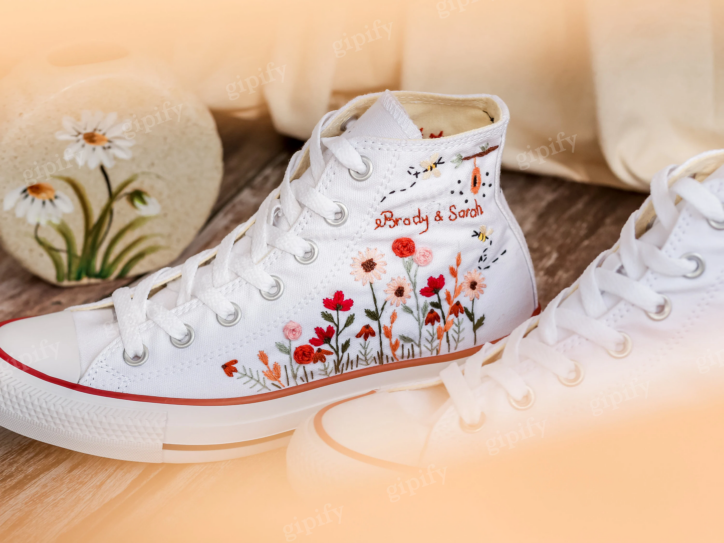 Custom Design Bridal Sneakers, Wedding Flower Garden Embroidered Converse, Wildflowers and bee Embroidered Shoes, Converse Custom Name