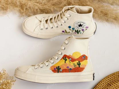 Custom Wedding Sneakers, Desert Wedding Embroidered Converse, Warm Earth Tones Embroidered Shoes, Cactus Embroidered, Wedding Arizona Gifts