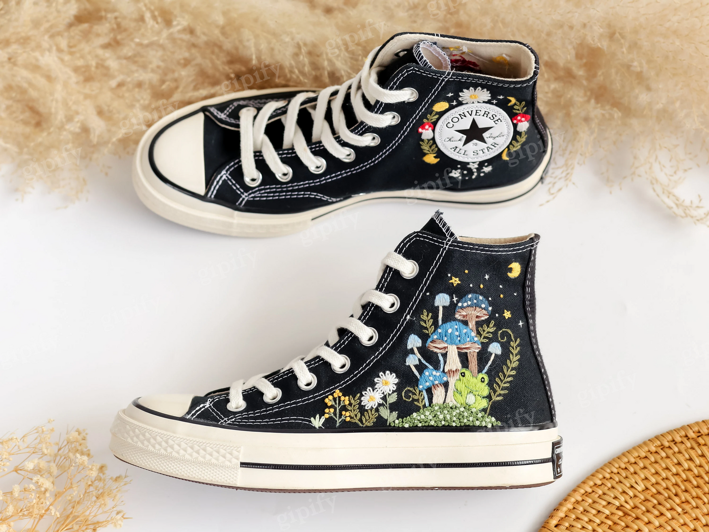 Embroidered Converse Mushroom and Frog, Converse High Tops Chuck Taylor Embroidered Frog & Mushroom, Mushrooms Embroidered Converse Custom