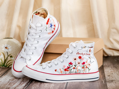 Custom Design Bridal Sneakers, Wedding Flower Garden Embroidered Converse, Wildflowers and bee Embroidered Shoes, Converse Custom Name