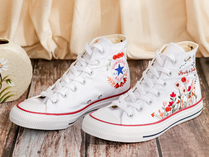 Custom Design Bridal Sneakers, Wedding Flower Garden Embroidered Converse, Wildflowers and bee Embroidered Shoes, Converse Custom Name