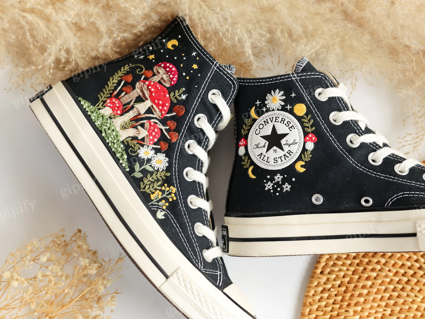 Embroidered Converse Mushroom and Frog, Converse High Tops Chuck Taylor Embroidered Frog & Mushroom, Mushrooms Embroidered Converse Custom