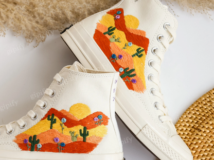 Custom Wedding Sneakers, Desert Wedding Embroidered Converse, Warm Earth Tones Embroidered Shoes, Cactus Embroidered, Wedding Arizona Gifts