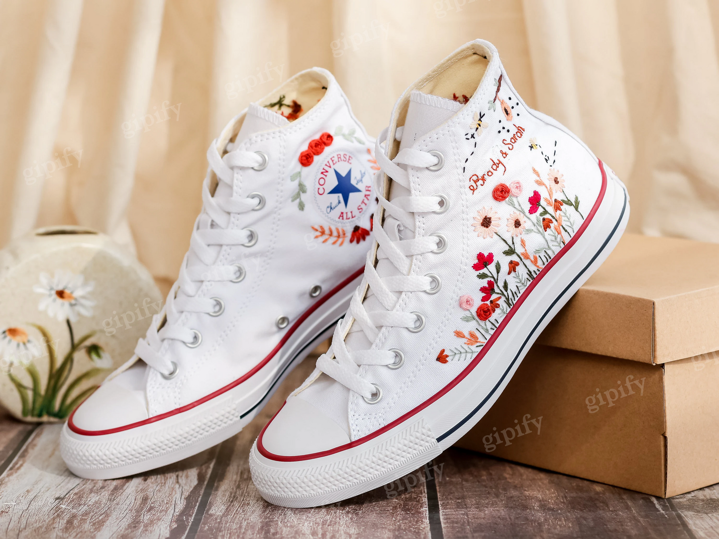 Custom Design Bridal Sneakers, Wedding Flower Garden Embroidered Converse, Wildflowers and bee Embroidered Shoes, Converse Custom Name